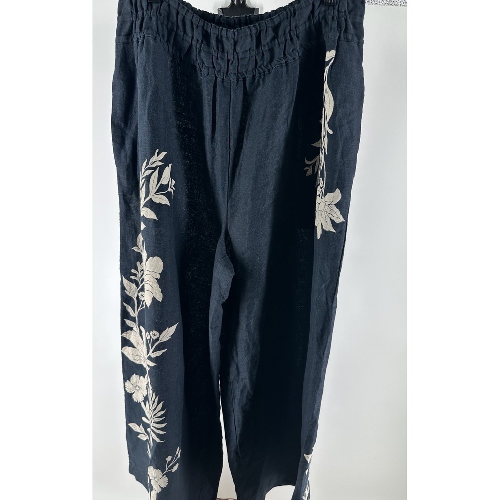 Anthropologie Somerset LINEN WIDE LEG Black Floral Pull-On Pants Cropped Sz M